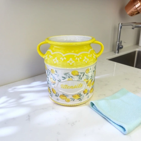 Yellow lemon patterned ceramic cutlery holder for household kitchen storage, canned chopsticks and spoons Yellow lemon patterned ceramic cutlery holder for household kitchen storage, canned chopsticks and spoons